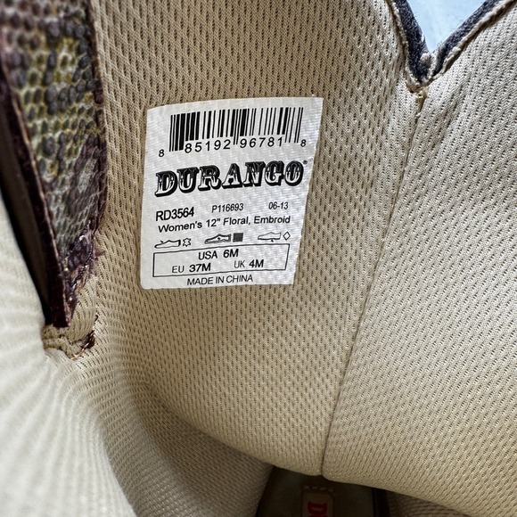 Durango‎ 12" Floral Embroidered Western Boots 6 M Brown Leather Cowgirl Landman - Picture 10 of 12